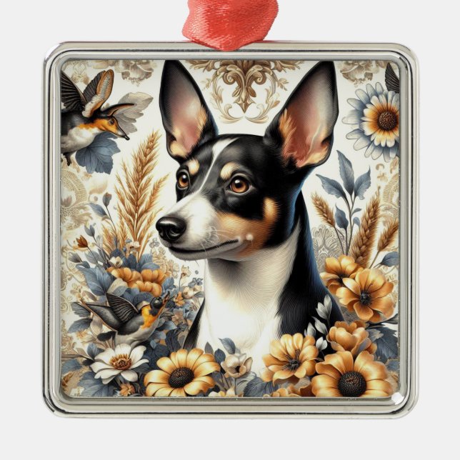Ornamento De Metal Ilustração Vintage Rat Terrier (Frente)