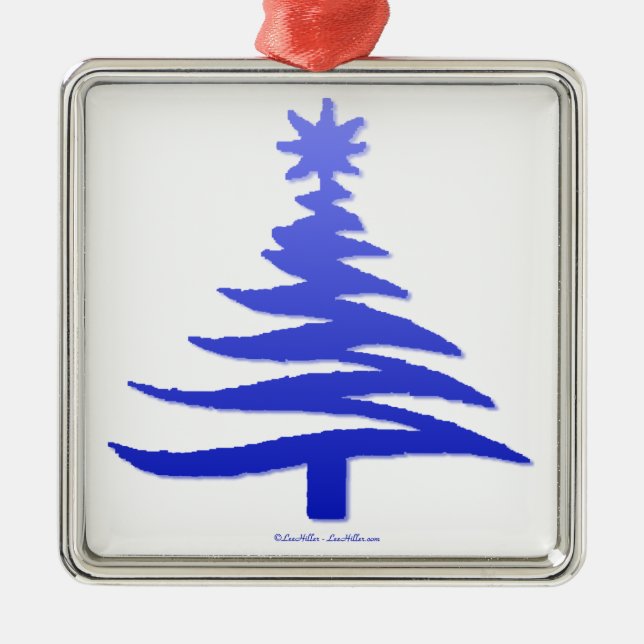 Ornamento De Metal Impressão Azul-Estêncil de Árvore de Natal Moderno (Frente)