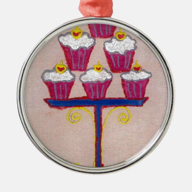 Ornamento De Metal Impressão de Arte cupcake com Cereja e Fundo Rosa (Frente)