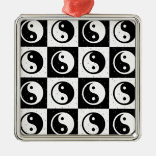 Ornamento De Metal Impressão do bloco Zen Yin-yang, branco preto, mar