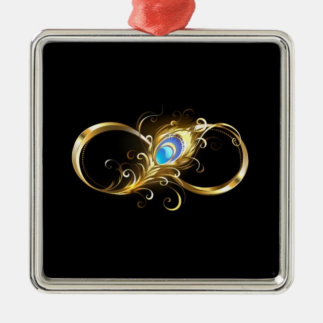 Ornamento De Metal Infinidade com a pena Pavão de Ouro (Frente)