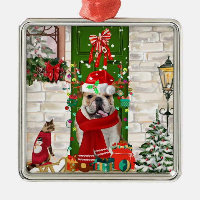 Ornamento De Metal Inglês Buldogue Christmas (Frente)