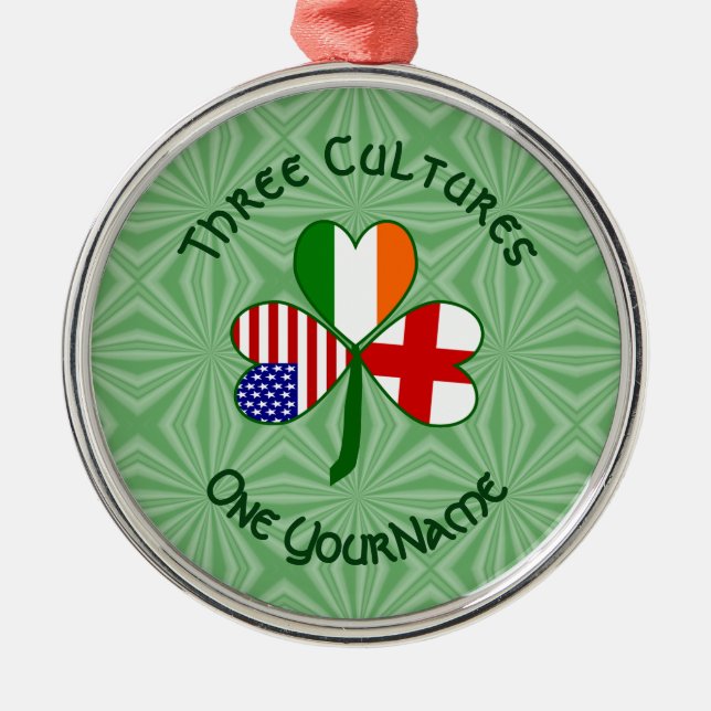 Ornamento De Metal Inglês Irish American Flags Shamrock Seu Nome (Frente)