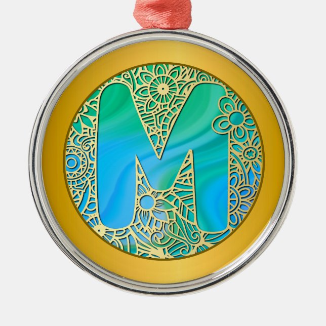 Ornamento De Metal  Initial Monogram M Christmas - Gold , Teal & Blue (Frente)