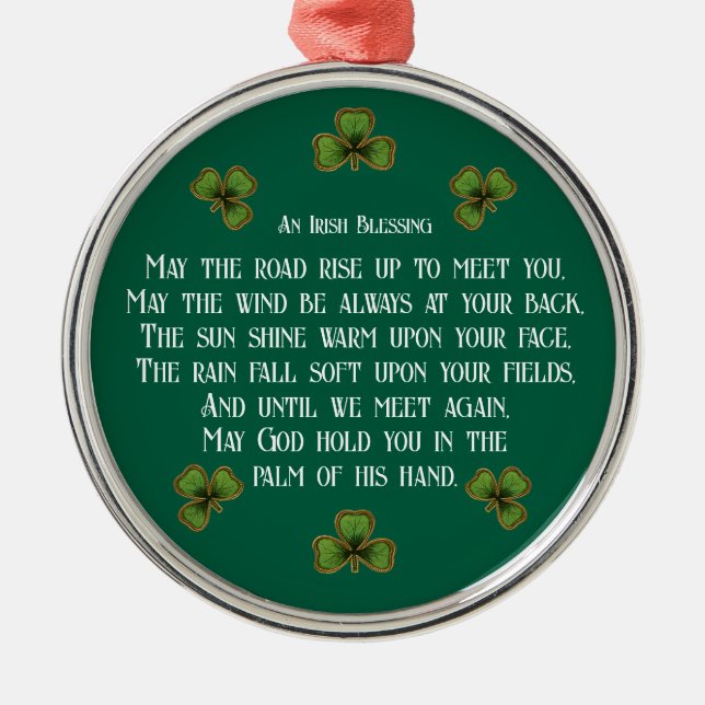 Ornamento De Metal Irish Blessing and Shamrocks Green Typography (Frente)