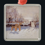 Ornamento De Metal Irish Terriers in Winter<br><div class="desc">Irish Terriers . . . Winter discoveries! Come visit our Maggie Ross Airedales Shop to see many seasonal designs featuring Irish Terriers in designs created from my original artwork. Each design is customizable using our easy Text Tool, and available for purchase on clothing, novelty and gift items! (We offer Airedale,...</div>
