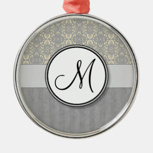 Ornamento De Metal Ivory on Silver Damask and Stripes with Monogramas