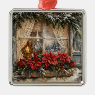 Ornamento De Metal Janela de Natal com Poinsettia Nevada