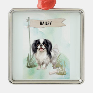 Ornamento De Metal Japanese Chin Aquarela Cachorro Personalizado