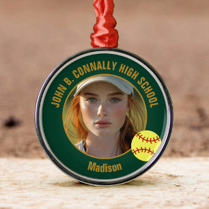 Ornamento De Metal Jogador de Softbol Green Gold Foto Natal