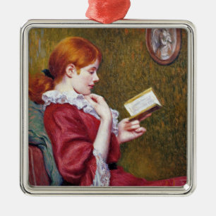 Ornamento De Metal Jovem com cabelo vermelho lendo um bom livro