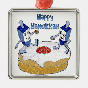 Ornamento De Metal Judaica Happy Hanukkah Dançando Dreidels Doughnut