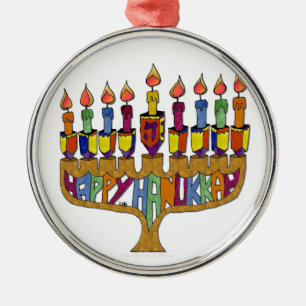 Ornamento De Metal Judaica Happy Hanukkah Dreidel Menorah