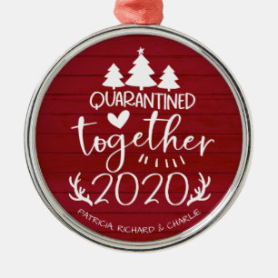 Ornamento De Metal Juntos em Quarentena Natal Vermelho Cute Covid Chr