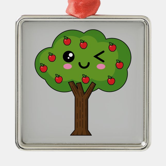 Ornamento De Metal Kawaii Happy Winking Apple Tree (Frente)