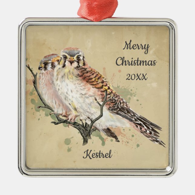 Ornamento De Metal Kestrel de Aquarela de Natal Datado Personalizado, (Frente)