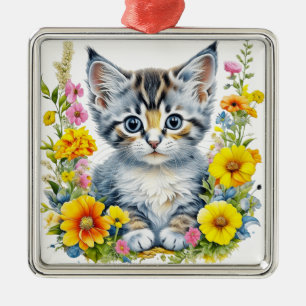 Ornamento De Metal Kit de aquarela Gatinho Flores Natal