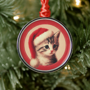 Ornamento De Metal Kitten em uma ilustração retrô do Santa Hat Vintag