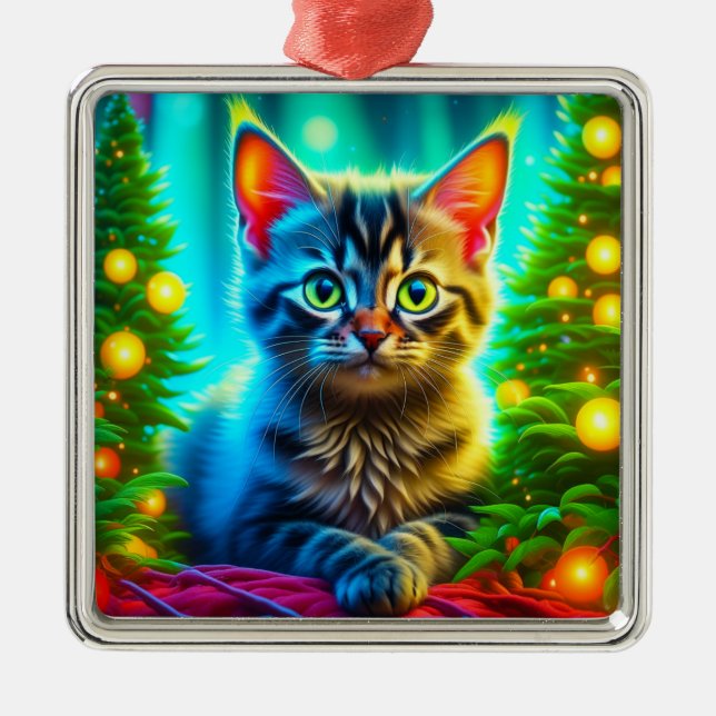 Ornamento De Metal Kitten Natal e Árvores de Natal (Frente)