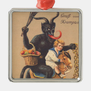 Ornamento De Metal Krampus montando um hobbyhorse com menino