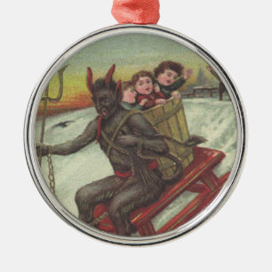 Ornamento De Metal Krampus Sequestrando Crianças Em Sleigh Pitchfork