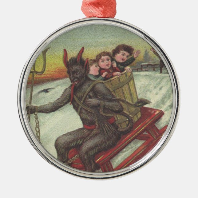 Ornamento De Metal Krampus Sequestrando Crianças Em Sleigh Pitchfork (Frente)
