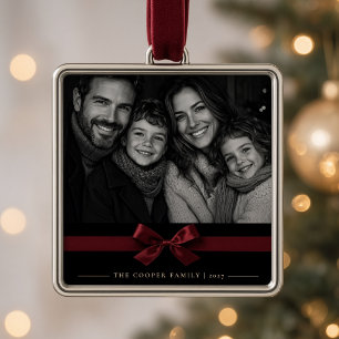 Ornamento De Metal Laço de Seda Burgundy Elegante com Foto Personaliz