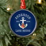 Ornamento De Metal Lago Náutico House Anchor Winter Floral Blue<br><div class="desc">Nome da Família do Lago Náutico Nome Marinho Blue Ornament. Âncora com Watercolor Floral,  incluindo poinsetos vermelhos,  cones de pínus e outros belos verdes de inverno.</div>