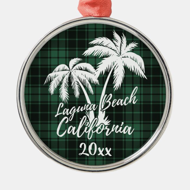 Ornamento De Metal Laguna Beach California Palm Tree Green Xadrez (Frente)