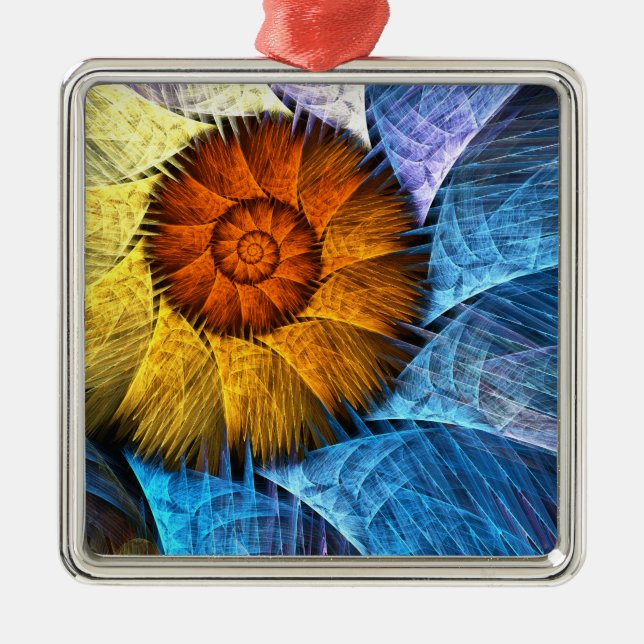 Ornamento De Metal Laranja Floral Amarelo Azul Abstrato Art (Frente)