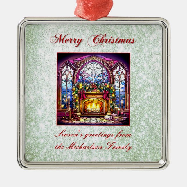 Ornamento De Metal Lareira verde-brilhante de vidro colado (Frente)