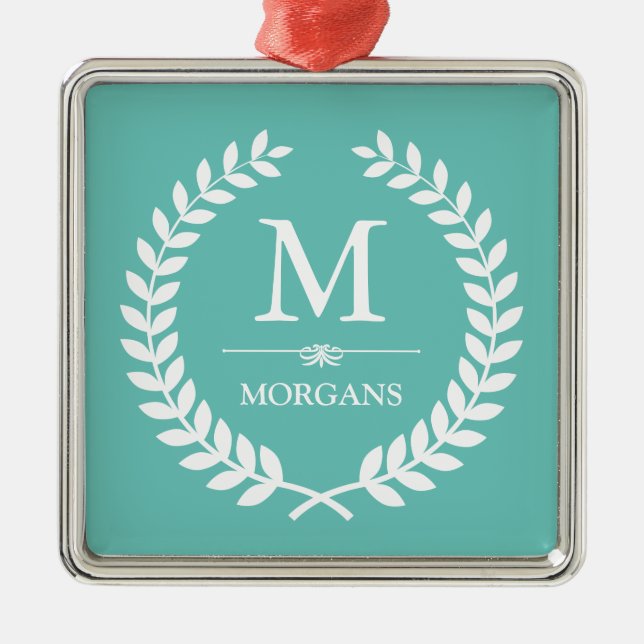 Ornamento De Metal Laurel Wreath Decor Pastel Teal Family Monograma (Frente)