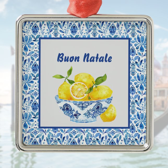 Ornamento De Metal Lemon Mediterranean Buon Natale Azulejo Blue Toile (Criador carregado)