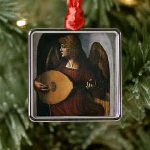 Ornamento De Metal Leonardo da Vinci é um anjo em vermelho com uma Lu