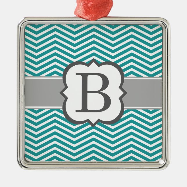 Ornamento De Metal Letra Teal Branco Monograma B Chevron (Frente)