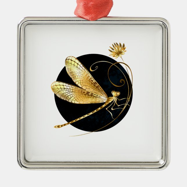 Ornamento De Metal libélula ouro em círculo preto (Frente)