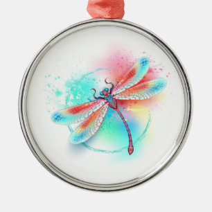 Ornamento De Metal libélula vermelha sobre fundo de aquarela