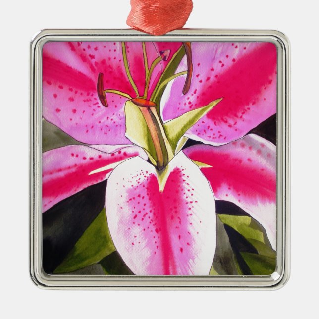 Ornamento De Metal Lily rosa quente Tenerife pop art flor de aquarela (Frente)