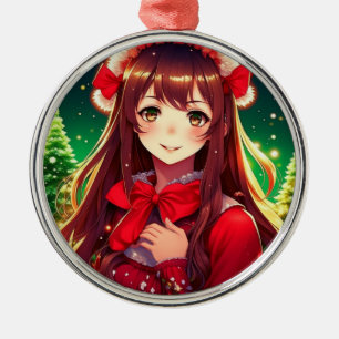 Ornamento De Metal Linda Menina de Animação no Natal Vermelho