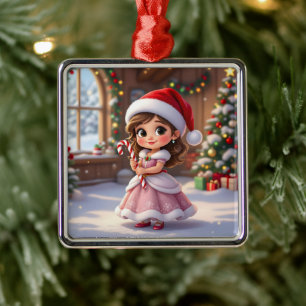Ornamento De Metal Linda princesinha com chapéu de Natal