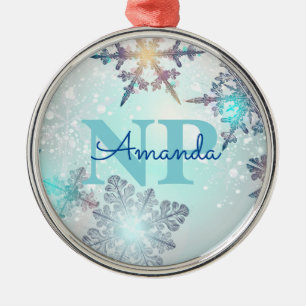 Ornamento De Metal Lindo Floco de Neve Azul Gelo Nome Personalizado N