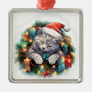 ORNAMENTO DE METAL LINDOS GATINHOS CINZENTOS DE NATAL ADORMECIDOS