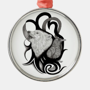 Ornamento De Metal Lobo Branco com Arte Tribal Raven