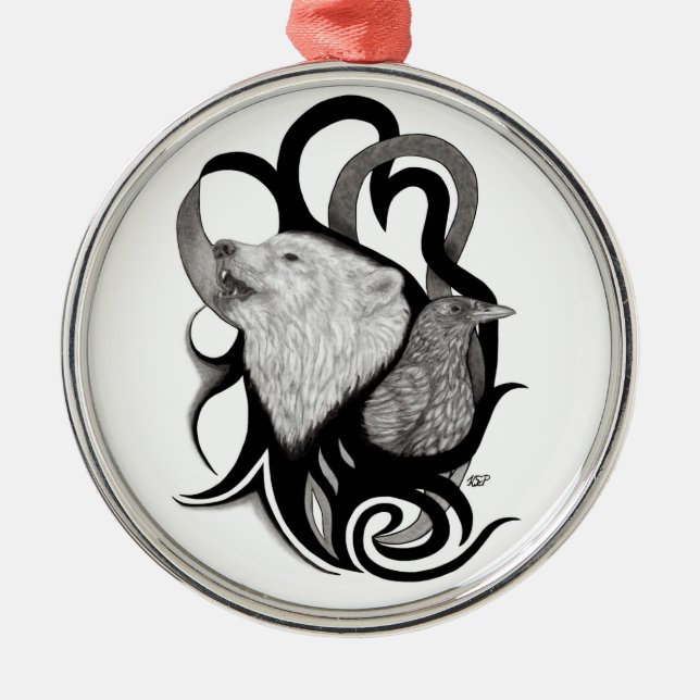 Ornamento De Metal Lobo Branco com Arte Tribal Raven (Frente)