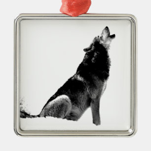 Ornamento De Metal Lobo-de-Howling Branco-Preto