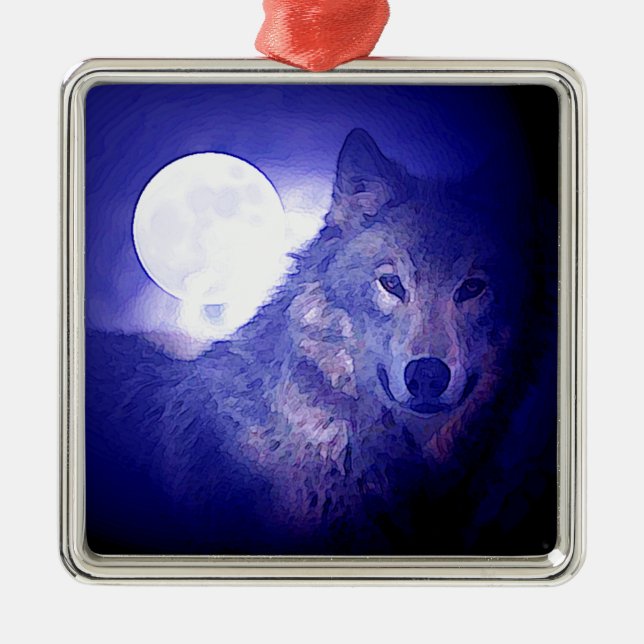 Ornamento De Metal Lobo, Lua e Noite Azul (Frente)