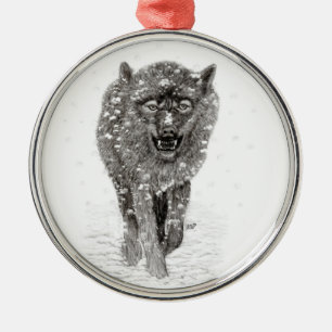 Ornamento De Metal Lobo Negro Zangado na Neve, inverno selvagem