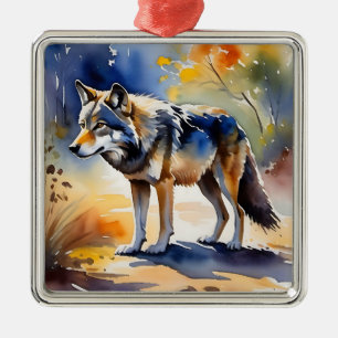 Ornamento De Metal Lobo numa pintura de aquarela florestal
