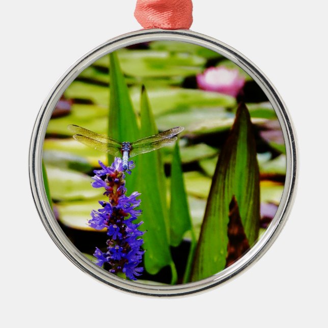 Ornamento De Metal Lótus de Dragfly e flor púrpura (Frente)