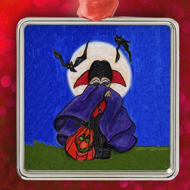 Ornamento De Metal Lua de Bats de Vampiro Bastante Tímida (Cute little vampire purple cape flying bats pumpkin full moon on Halloween hanging ornament.)